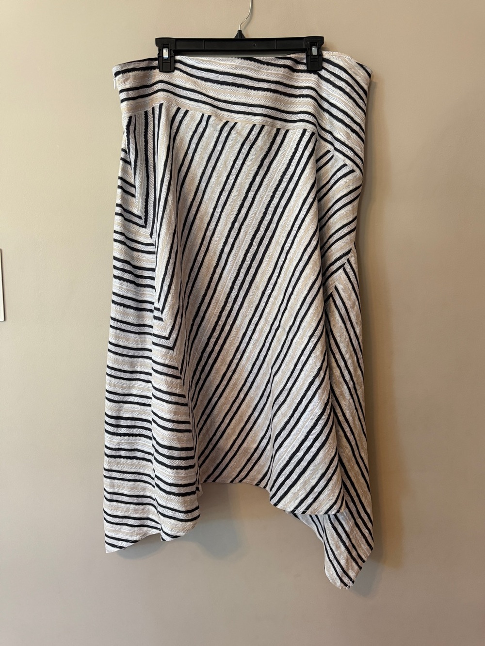 Ann Taylor Black Beige Striped Linen Asymmetrical Midi Skirt Lined Size 18